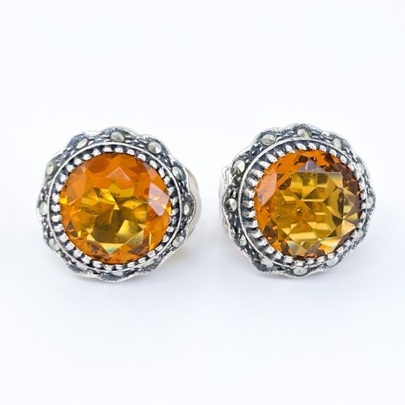 Vintage Sterling Silver 925 Yellow Glass & Marcasite Clip-on Earrings - Picture 5 of 7